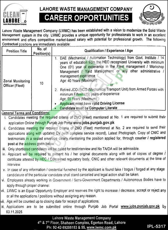 Zonal Monitoring Officer Jobs 2025 Apply Online www.lwmc.com.pk Latest www.lwmc.com.pk