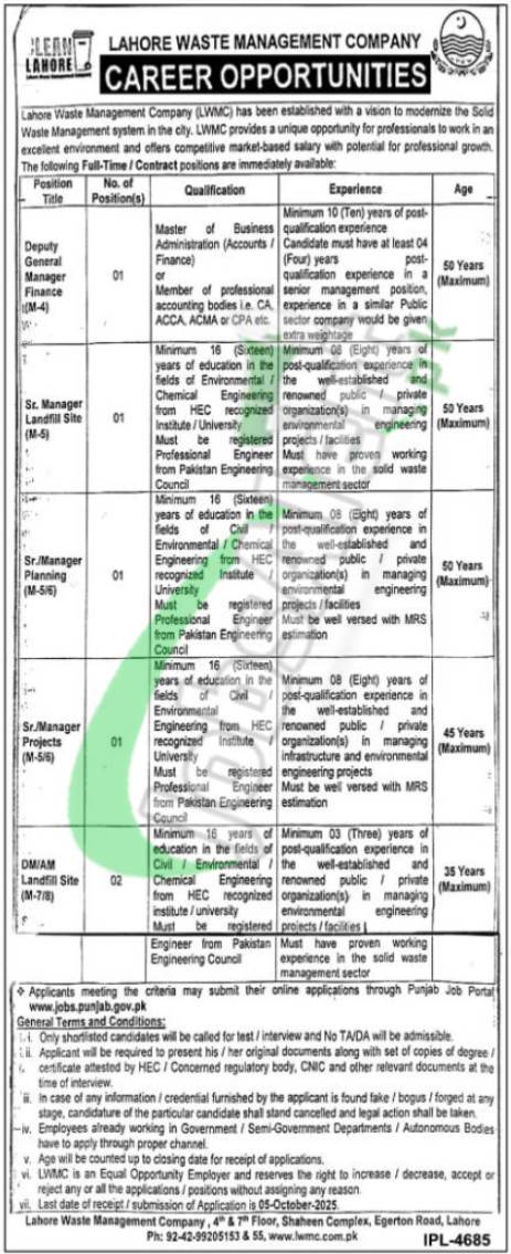 Lahore Waste Management Company Jobs