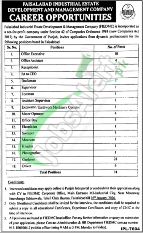 Faisalabad Industrial Estate Development and Management Company Jobs 2026 Apply Now FIEDMC Jobs