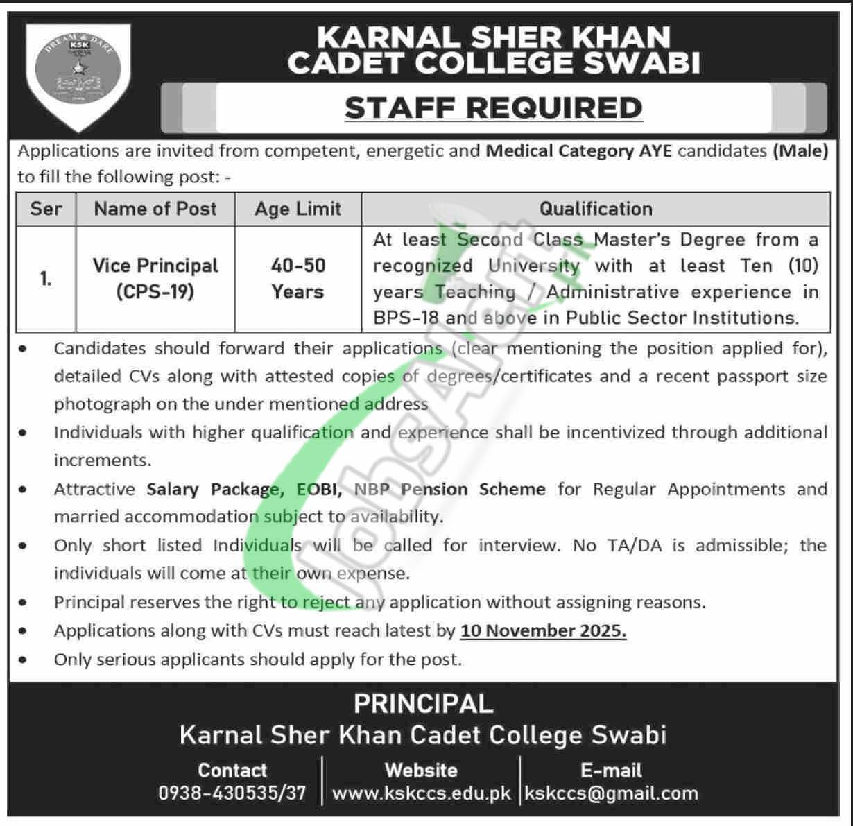Karnal Sher Khan Cadet College Swabi Jobs 2025 Latest Advertisement Karnal Sher Khan Cadet College Swabi Jobs
