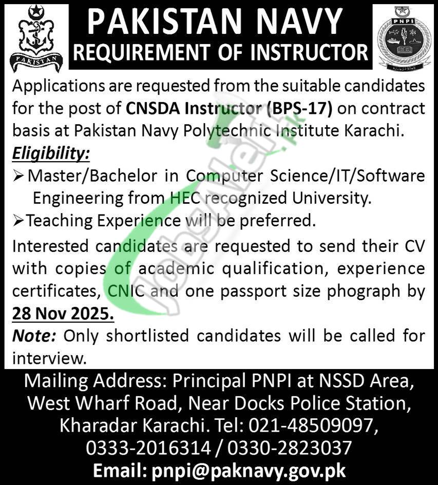 Pak Navy Civilian Instructor Jobs