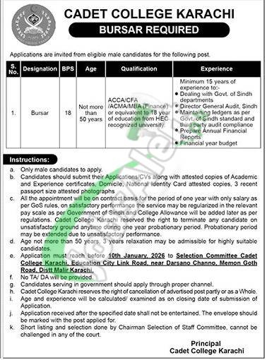 Cadet College Karachi Jobs 2026 For Bursar Latest Advertisement Cadet College Karachi Jobs