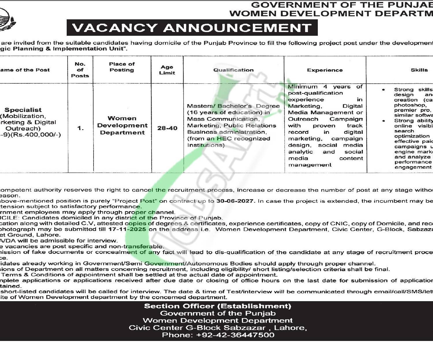 Women Development Department Punjab Jobs
