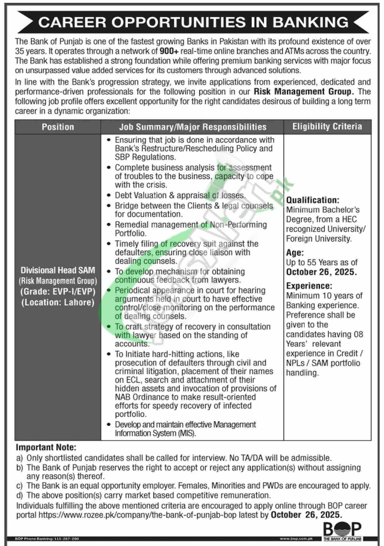 Bank of Punjab BOP Jobs 2025 Online Apply Latest Advertisement BOP Jobs