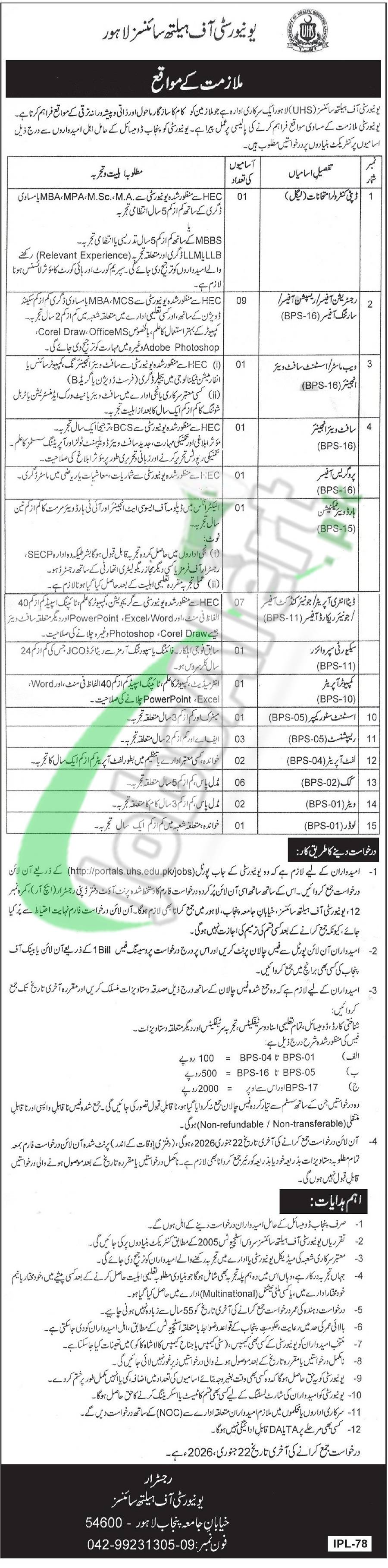 Application Form UHS Lahore Jobs 2026 University of Health Sciences UHS Lahore Jobs