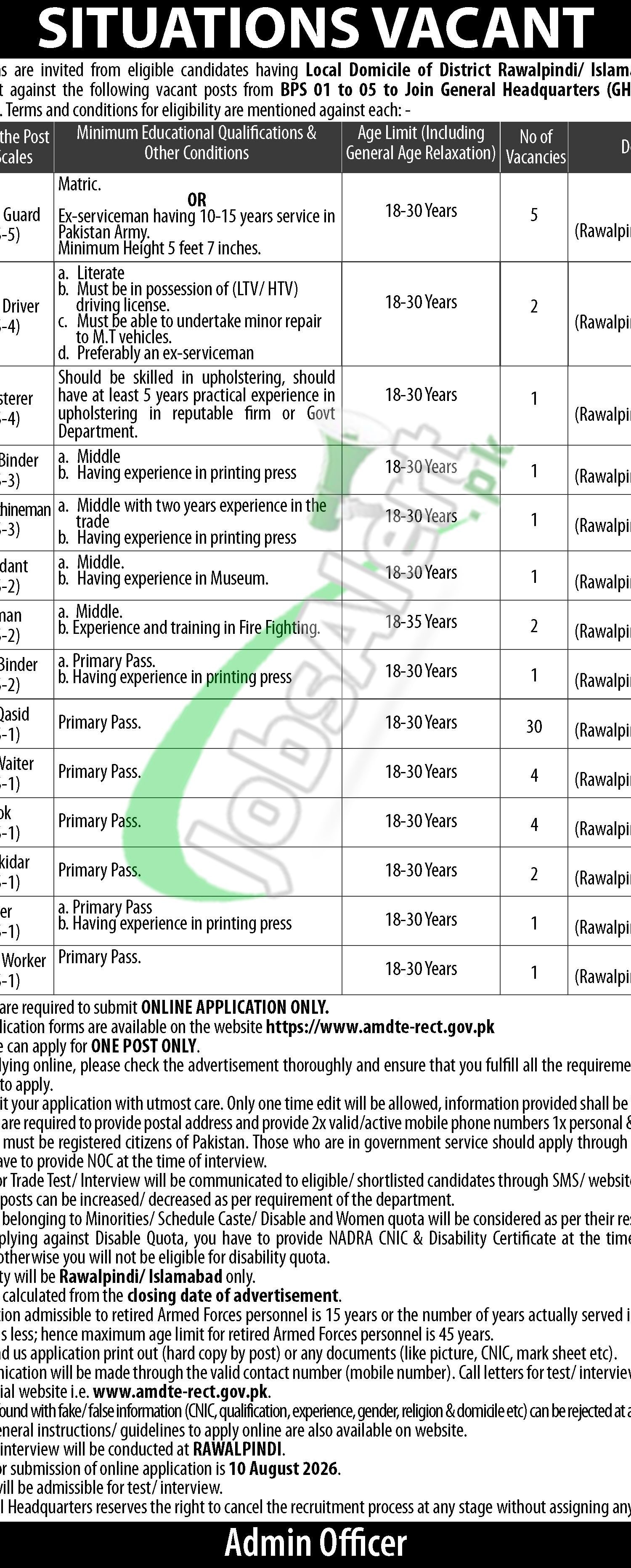 Pakistan Army Civilian Jobs 2026 GHQ Rawalpindi Application Form Download GHQ Rawalpindi Jobs
