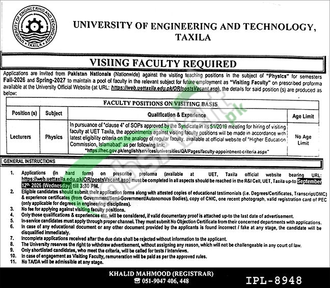 UET Taxila Jobs 2026 – Lecurer Application Form Download UET Taxila Jobs