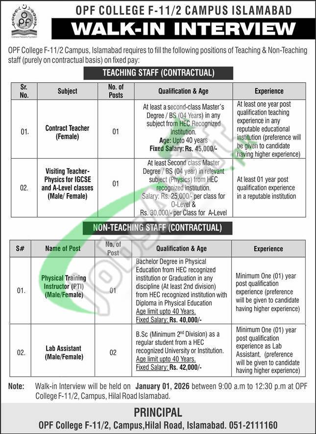 OPF College Islamabad Jobs 2026 Overseas Pakistani Foundation OPF College Islamabad Jobs