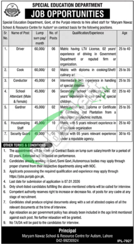 Special Education Department Punjab Jobs 2026 Online Apply Last Date Punjab Special Education Department Jobs