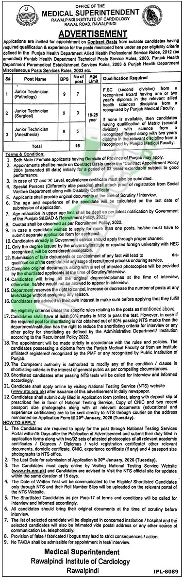 Rawalpindi Institute of Cardiology Jobs 2026 RIC Latest Advertisement Rawalpindi Institute of Cardiology Jobs Ad
