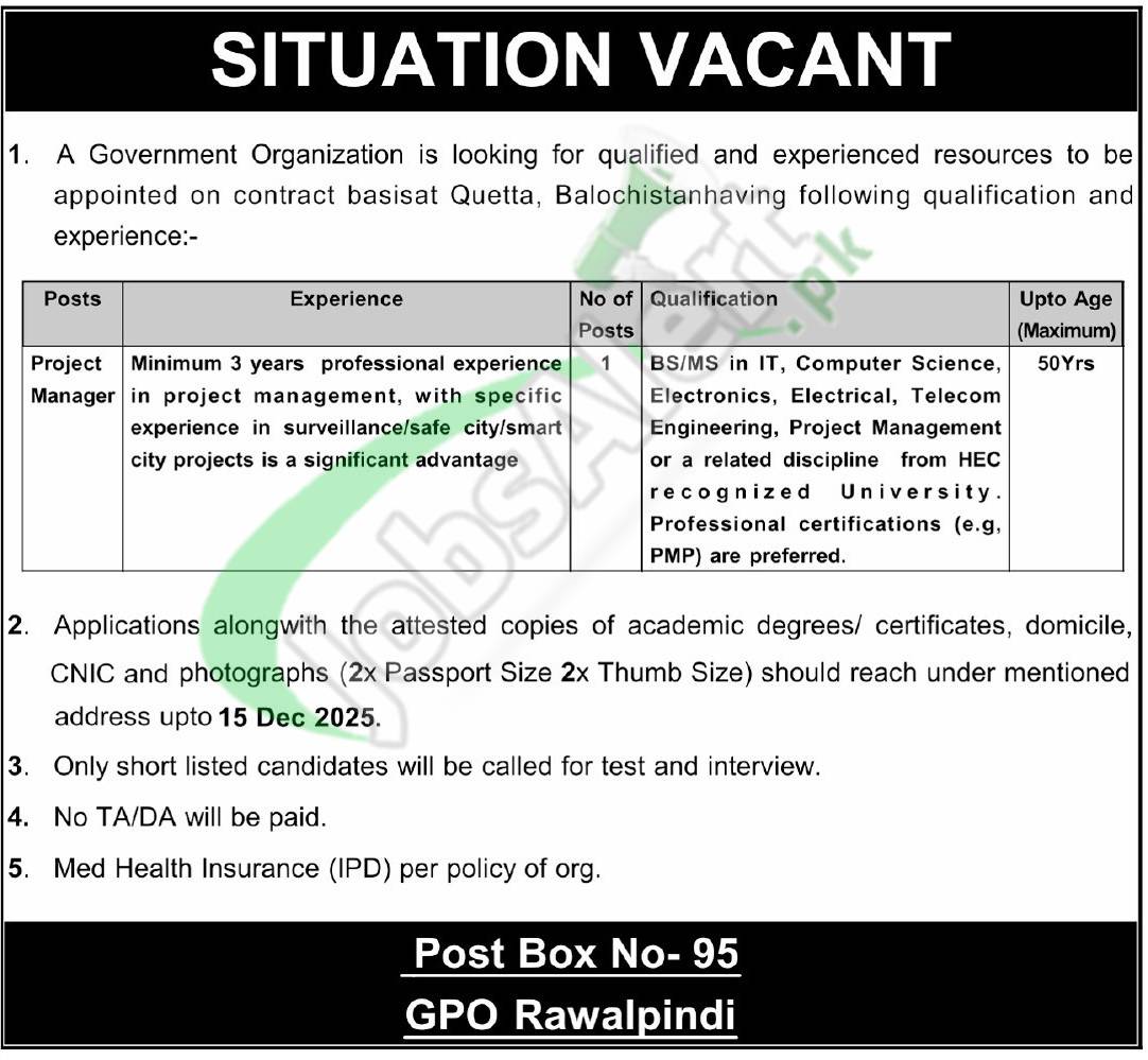 Latest Advertisement Public Sector Jobs 2025 PO Box 95 GPO Rawalpindi PO Box 95 GPO Rawalpindi Ad