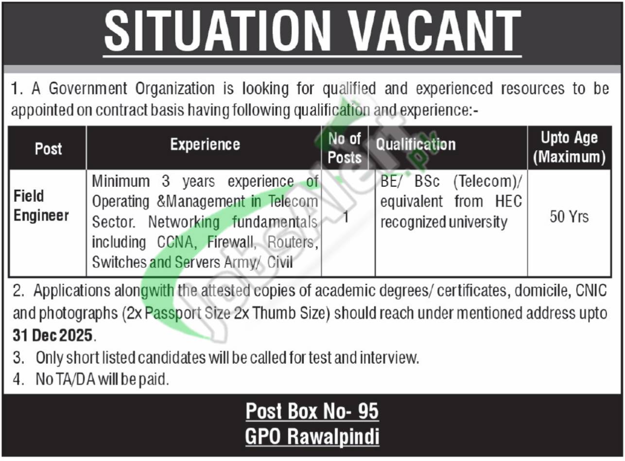 Latest Advertisement PO Box 95 GPO Rawalpindi Jobs 2025 Last Date PO Box 95 GPO Rawalpindi Jobs