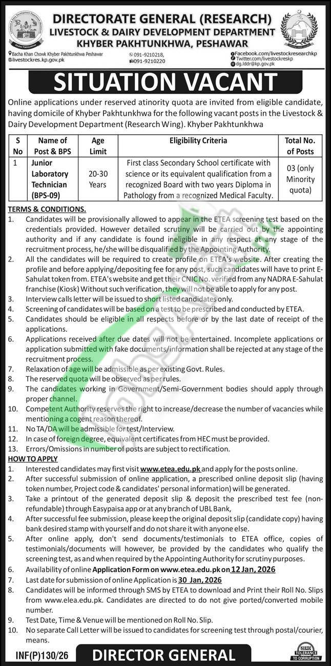 Livestock and Dairy Development Department KPK Jobs 2026 Latest Advertisement Livestock and Dairy Development Department KPK Jobs