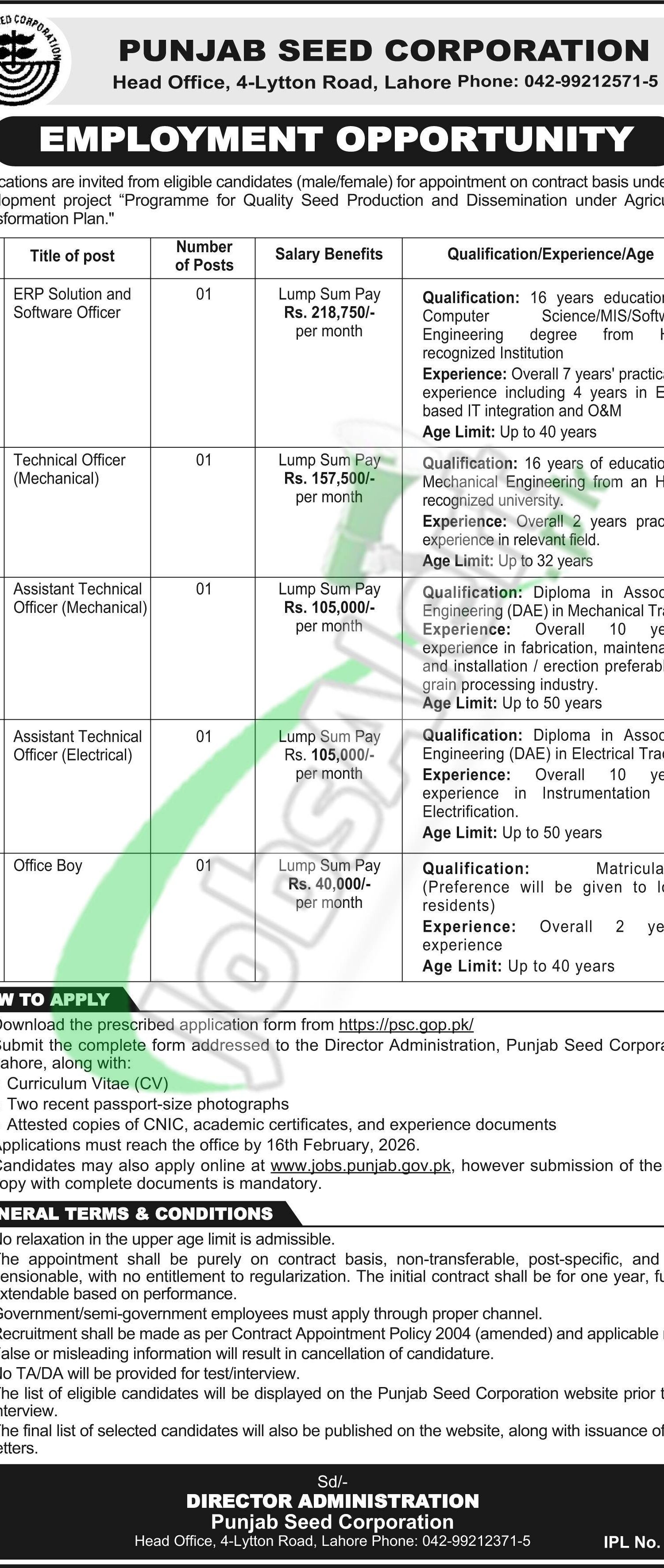 Punjab Seed Corporation Jobs 2026 Latest Advertisement Last Date Punjab Seed Corporation Jobs Advertisement