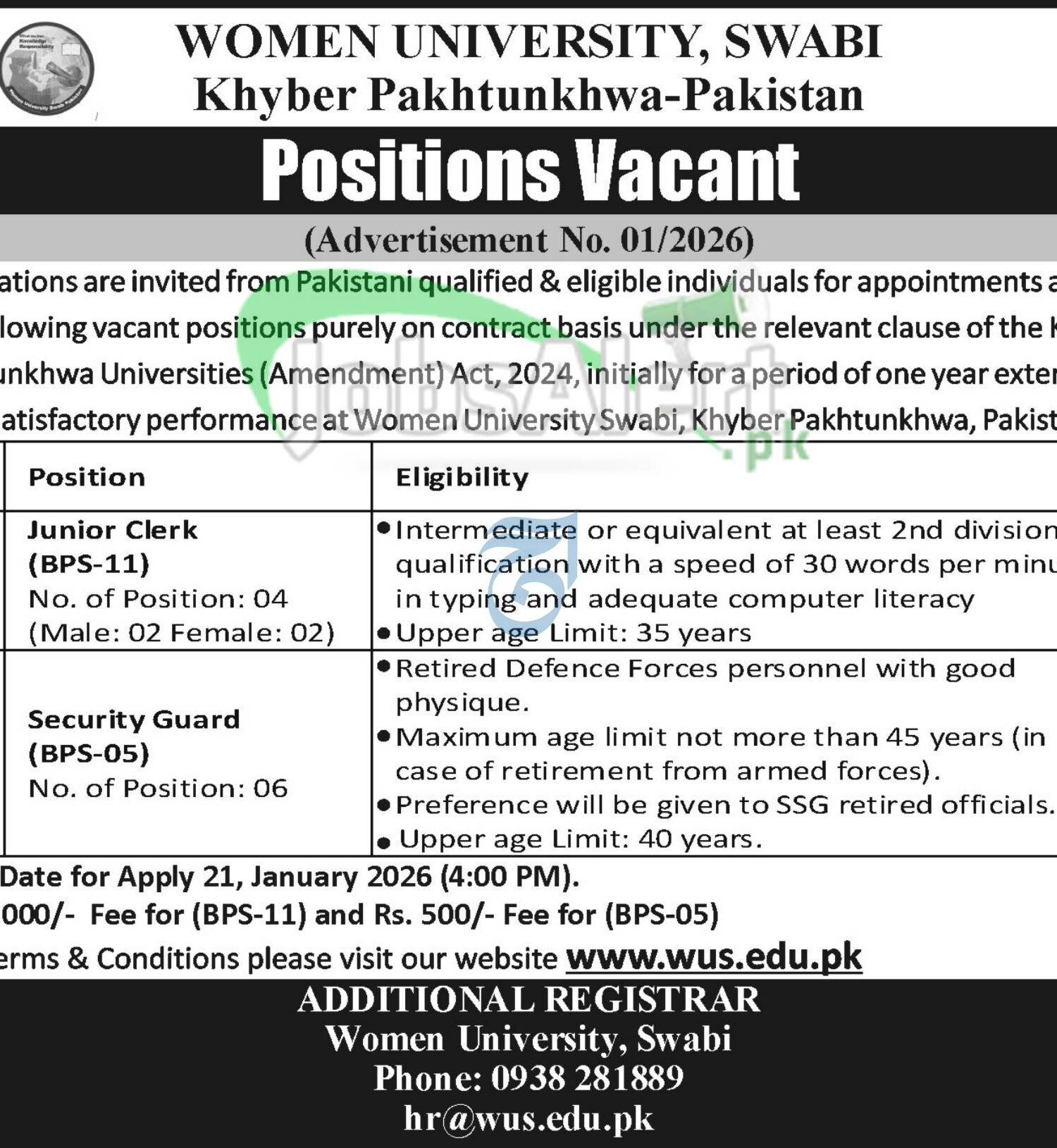 Women University Swabi Jobs 2026 Non-Faculty Required wus.edu.pk Women University Swabi Jobs