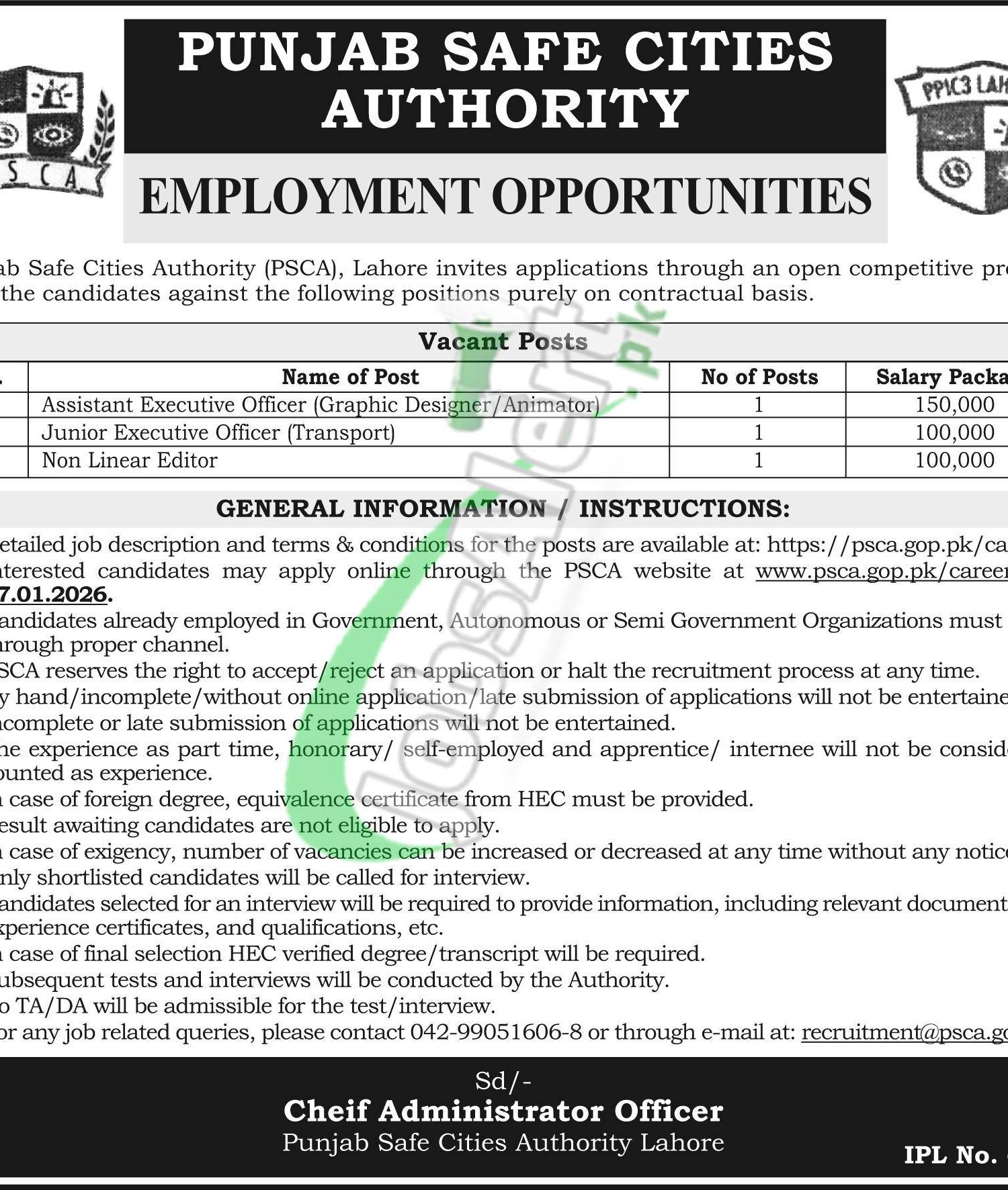 Safe City Authority Jobs 2026 PSCA Apply Online Punjab Safe Cities Authority Jobs