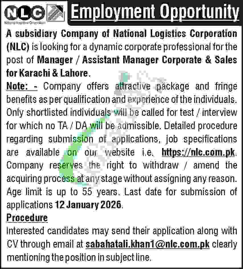 Latest Advertisement NLC Jobs 2026 Online Apply www nlc com pk NLC Jobs Ad