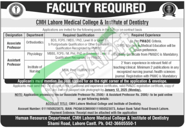 Apply in CMH Lahore Medical College & Institute of Dentistry Jobs 2025 CMH Medical College & Institute of Dentistry Lahore Jobs Ad