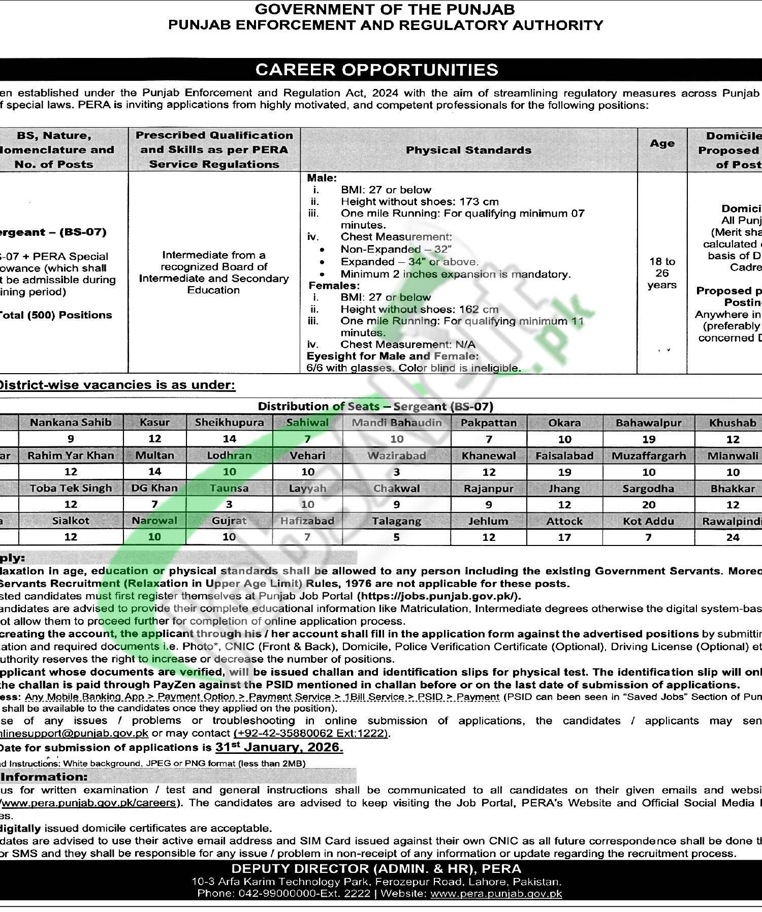 PERA Sergeant Jobs 2026 Online Apply (500 Vacancies) PERA Force Sergeant Jobs Ad