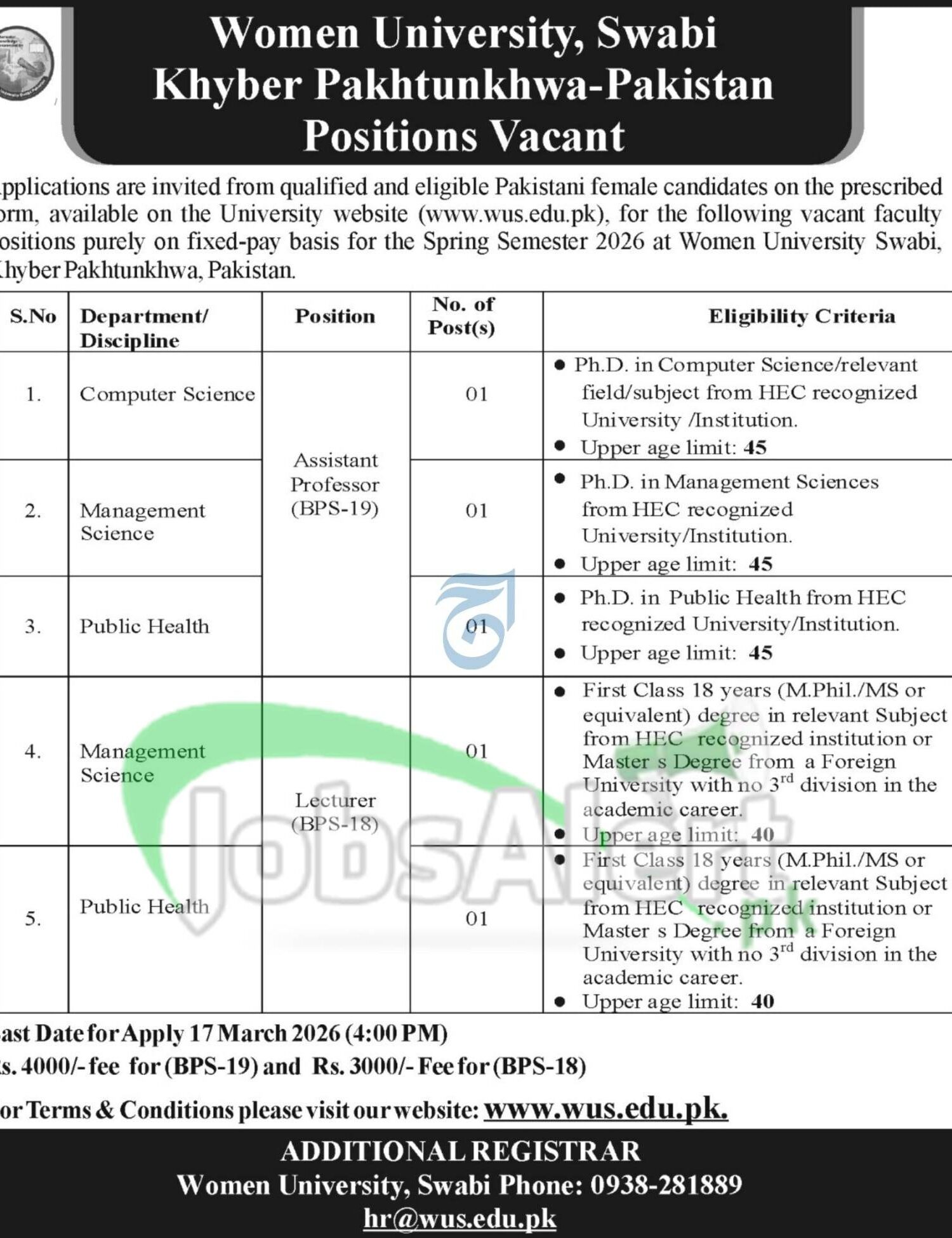 Women University Swabi Teaching Jobs 2026 Online Apply wus.edu.pk Women University Swabi Teaching Jobs