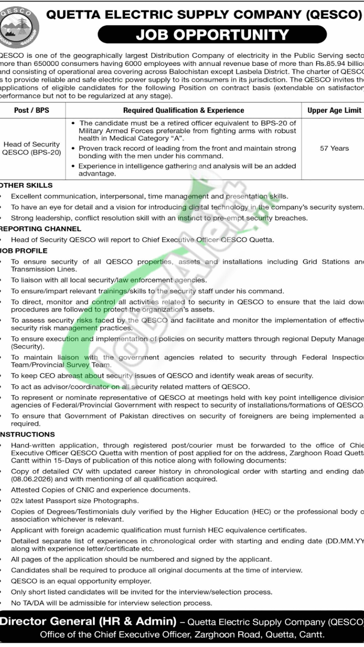Quetta Electric QESCO Jobs 2026 Application Form Latest Advertisement QESCO Jobs