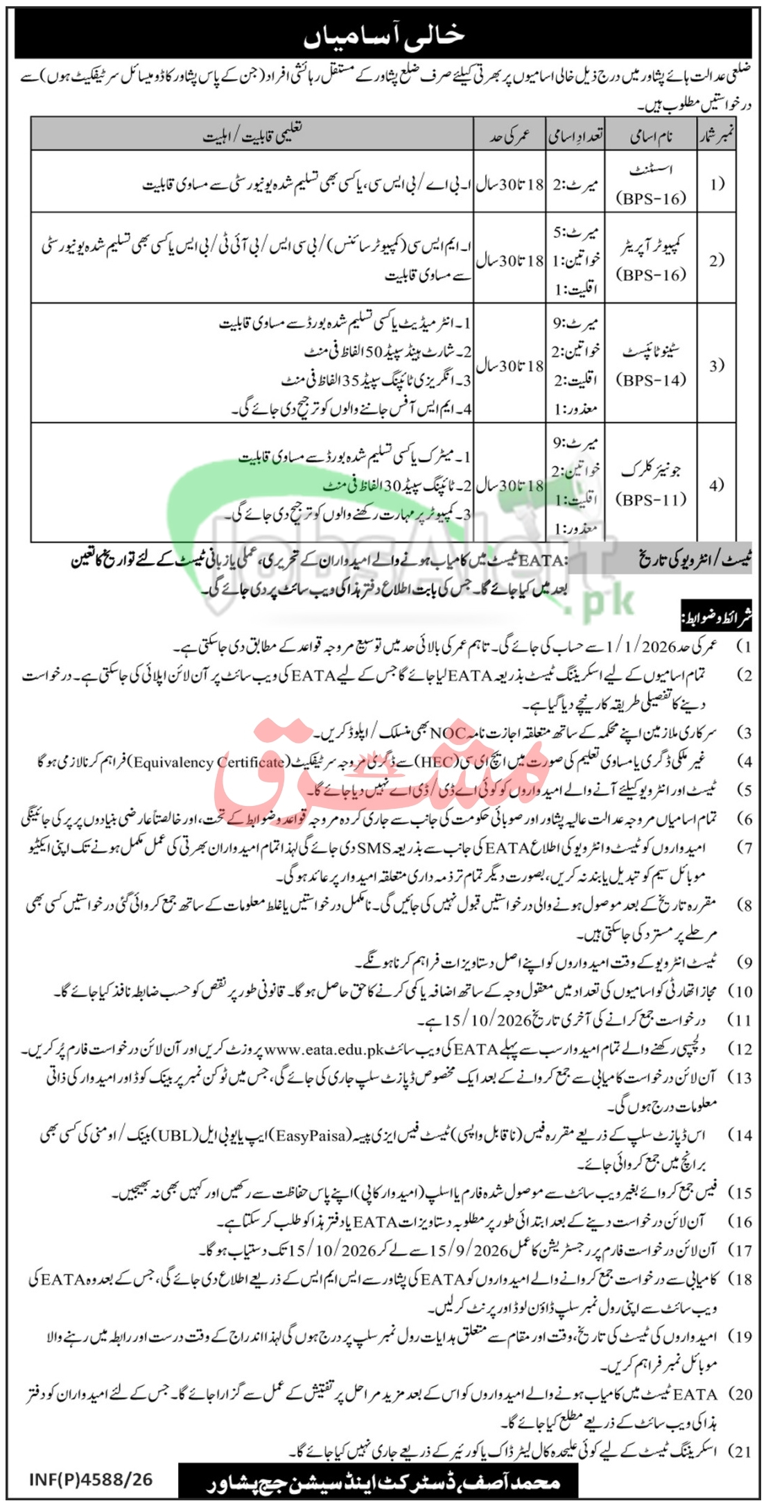 District and Session Court Peshawar Jobs 2026 Application Form Download Session Court Peshawar Jobs