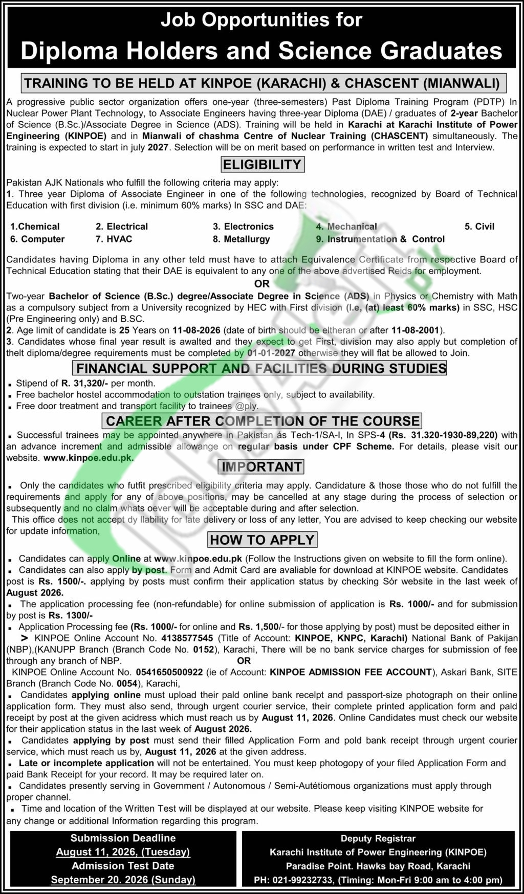 KINPOE Jobs 2026 PDTP Post Diploma Training Program Apply Online www.kinpoe.edu.pk KINPOE Jobs