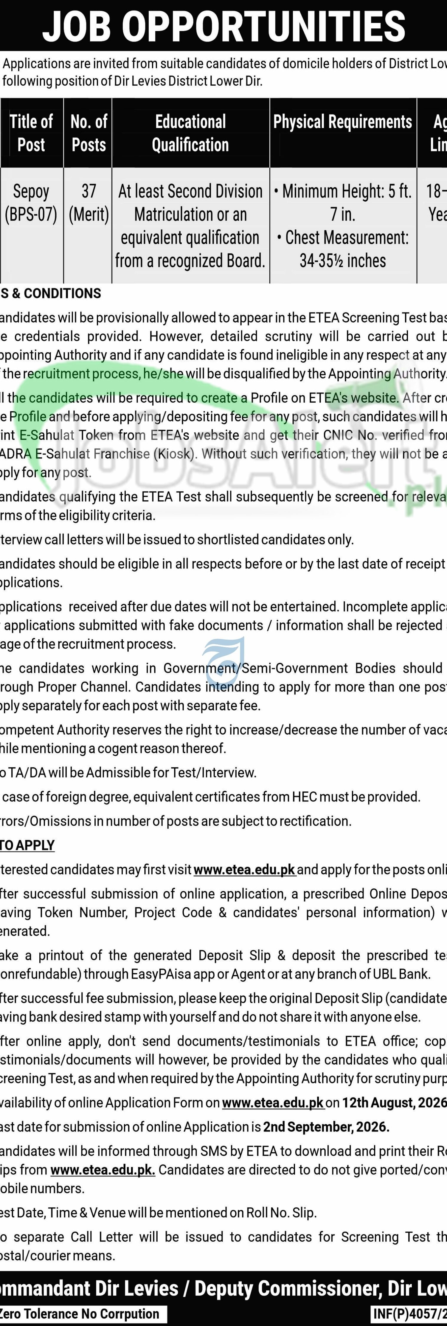 Apply in Levies Force Jobs 2026 in Dir Lower District Latest Advertisement Levies Force Jobs
