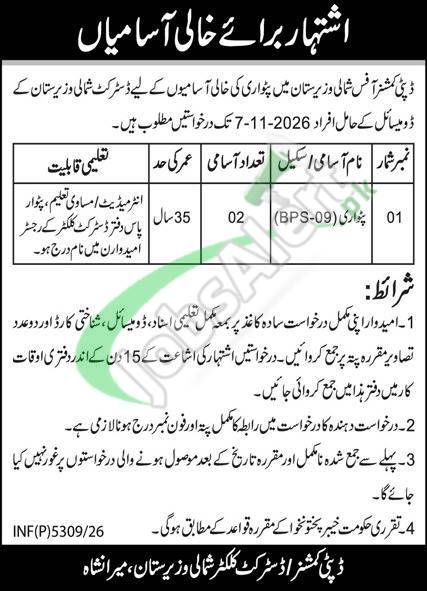 Deputy Commissioner Office North Waziristan Patwari Jobs 2026 Latest Advertisement Deputy Commissioner Office North Waziristan Patwari Jobs