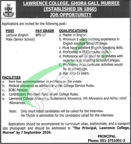 Teaching Staff Required Lawrence College Murree Jobs 2026 Latest Advertisement Lawrence Collge Ghora Gali Murree Jobs