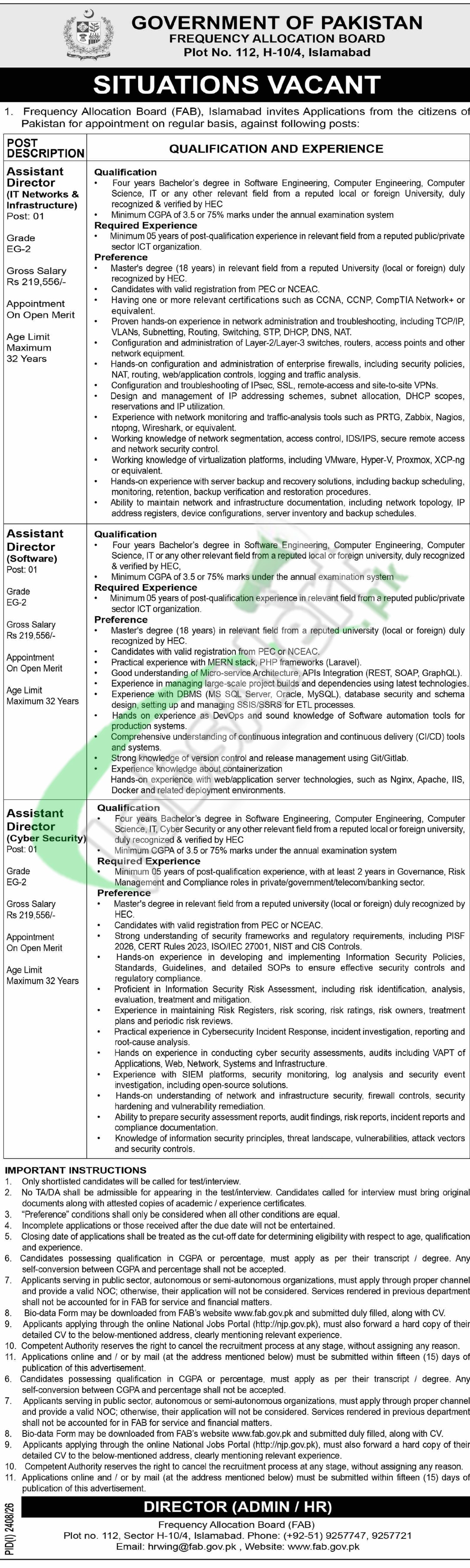 Frequency Allocation Board Careers 2026 Application Form www.fab.gov.pk Frequency Allocation Board Jobs