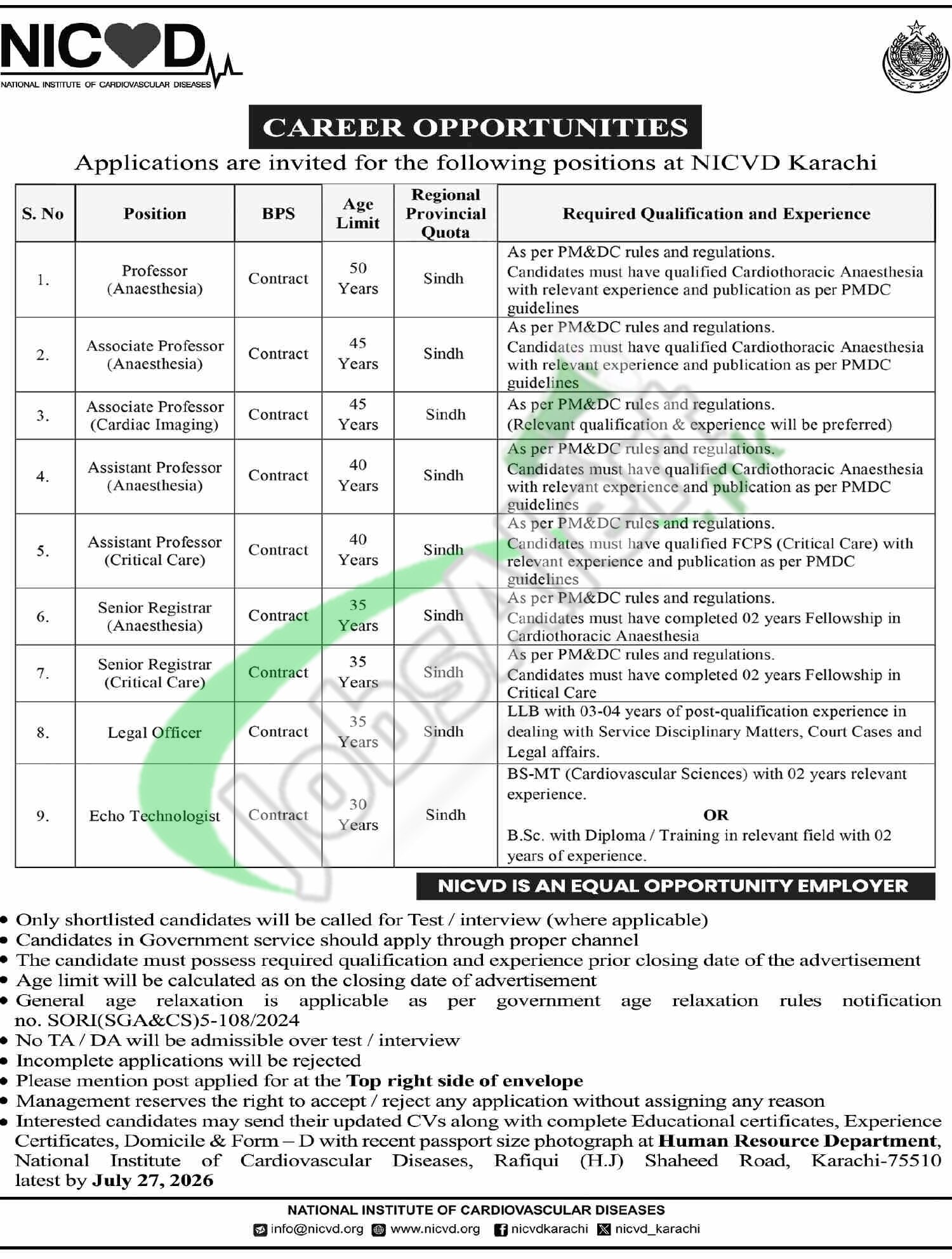 NICVD Jobs 2026 Online Apply | National Institute of Cardiovascular Diseases NICVD Jobs