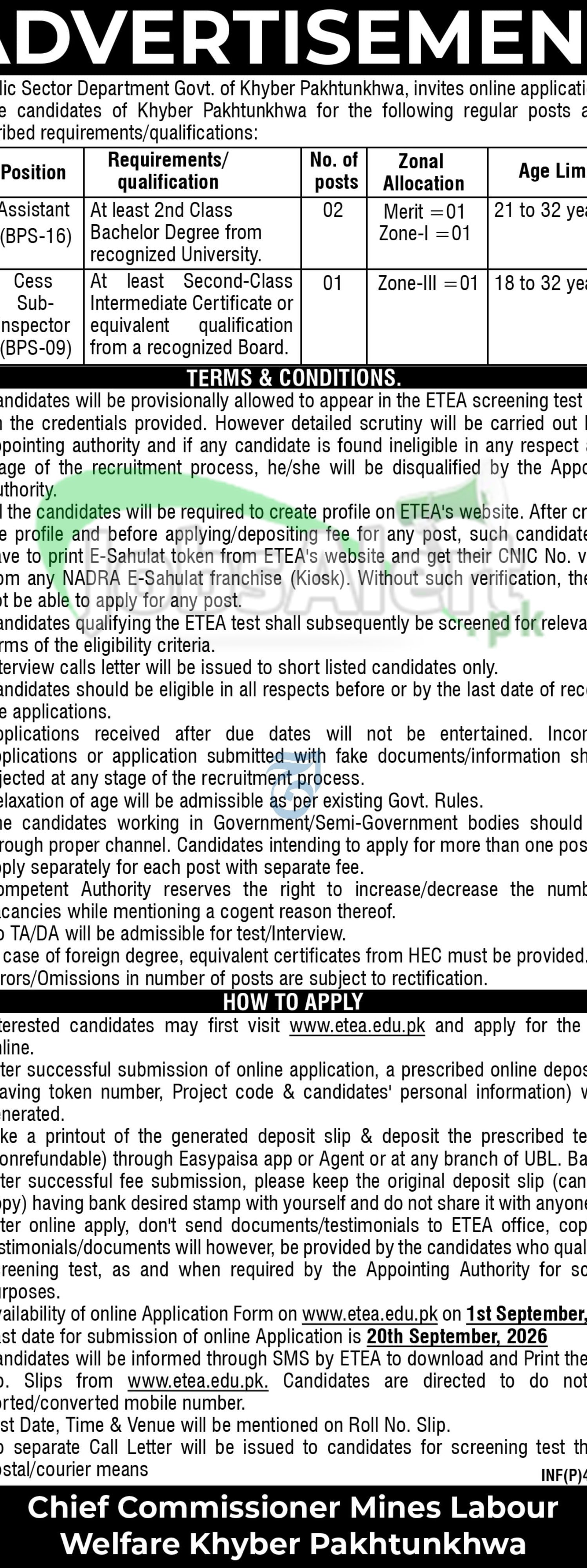 Mines Labour Welfare KPK Jobs 2026 Latest Advertisement Mines Labour Welfare KPK Jobs