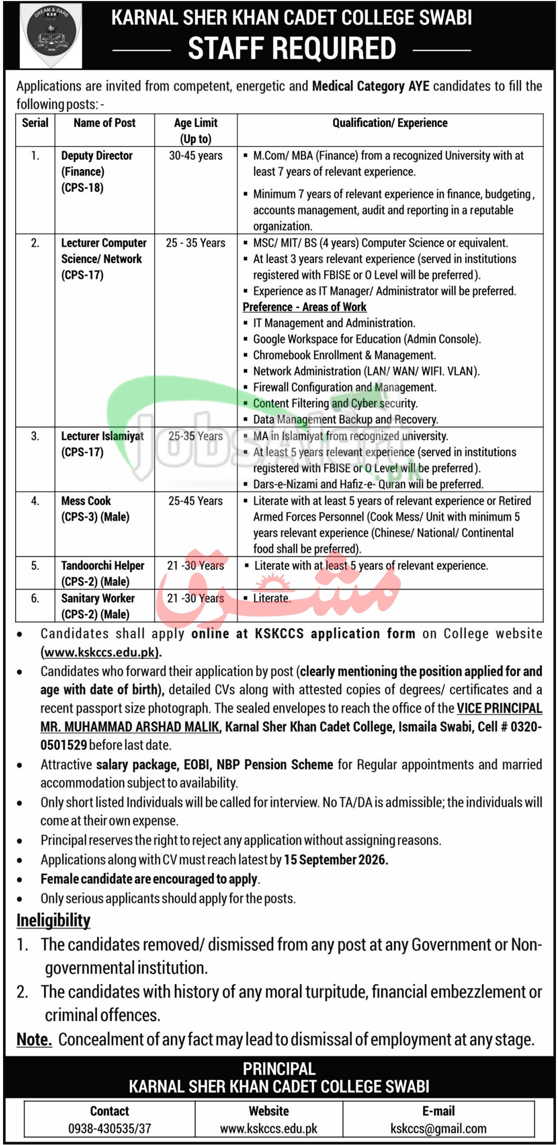 Karnal Sher Khan Cadet College Swabi Jobs 2026 Latest Advertisement Karnal Sher Khan Cadet College Swabi Jobs