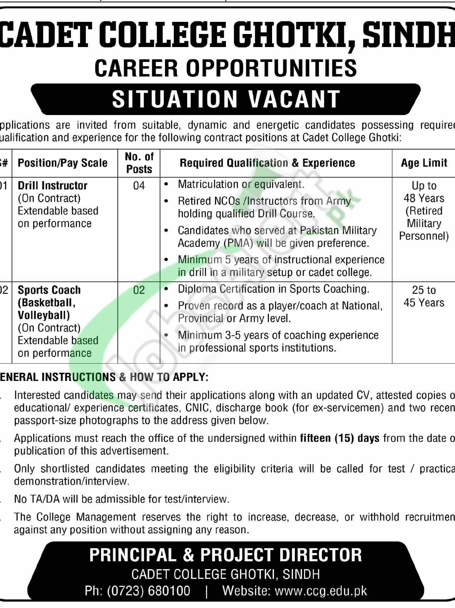 Cadet College Ghotki Jobs
