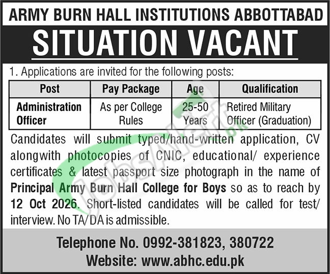 Army Burn Hall College Jobs 2026 for Admin Staff Eligibility Criteria Army Burn Hall College For Boys Abbottabad Jobs