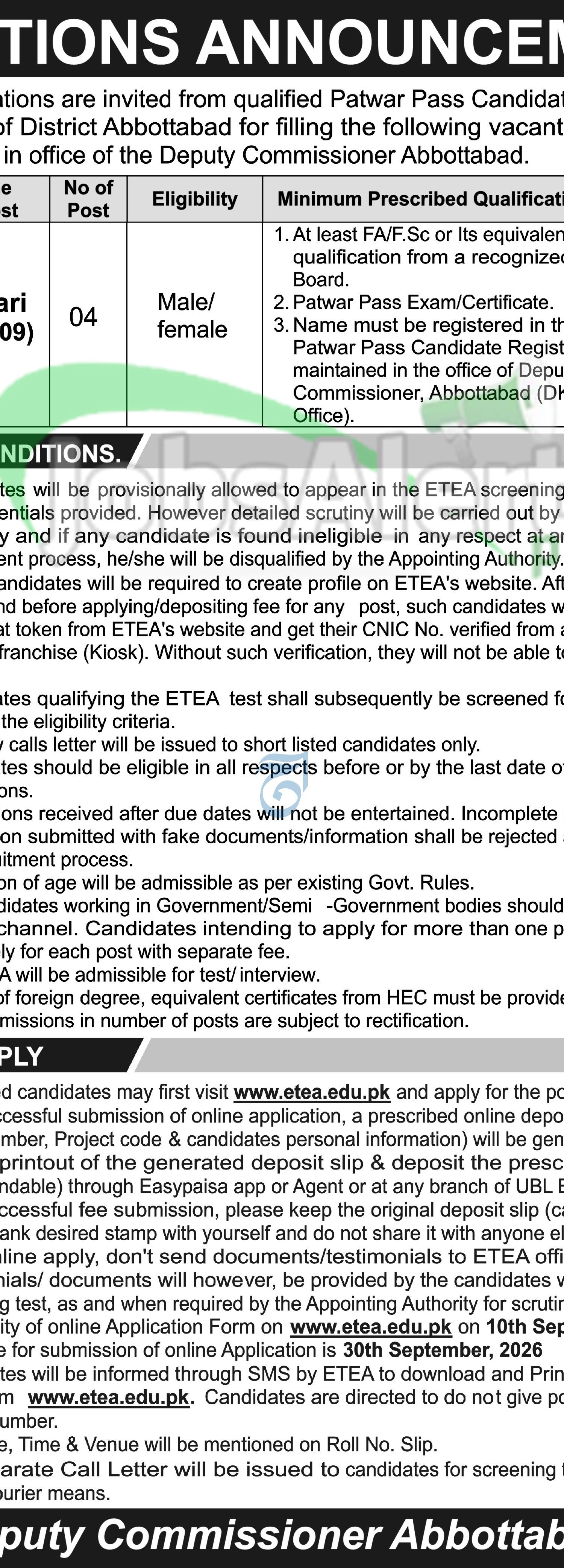 Apply in DCO Office Abbottabad Jobs 2026 ETEA Online Application Last Date DCO Abbottabad Jobs