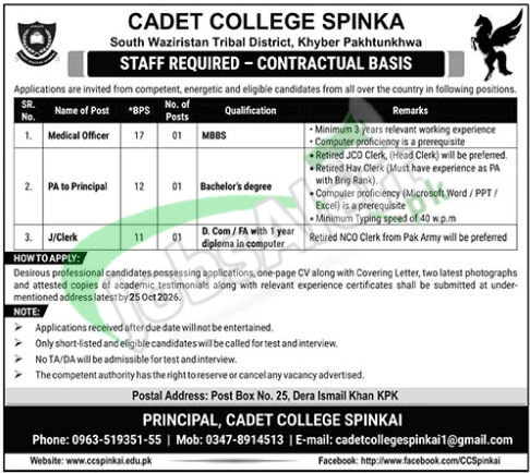 Cadet College Spinkai Jobs 2026 For Non-Teaching Staff Cadet College Spinkai Jobs