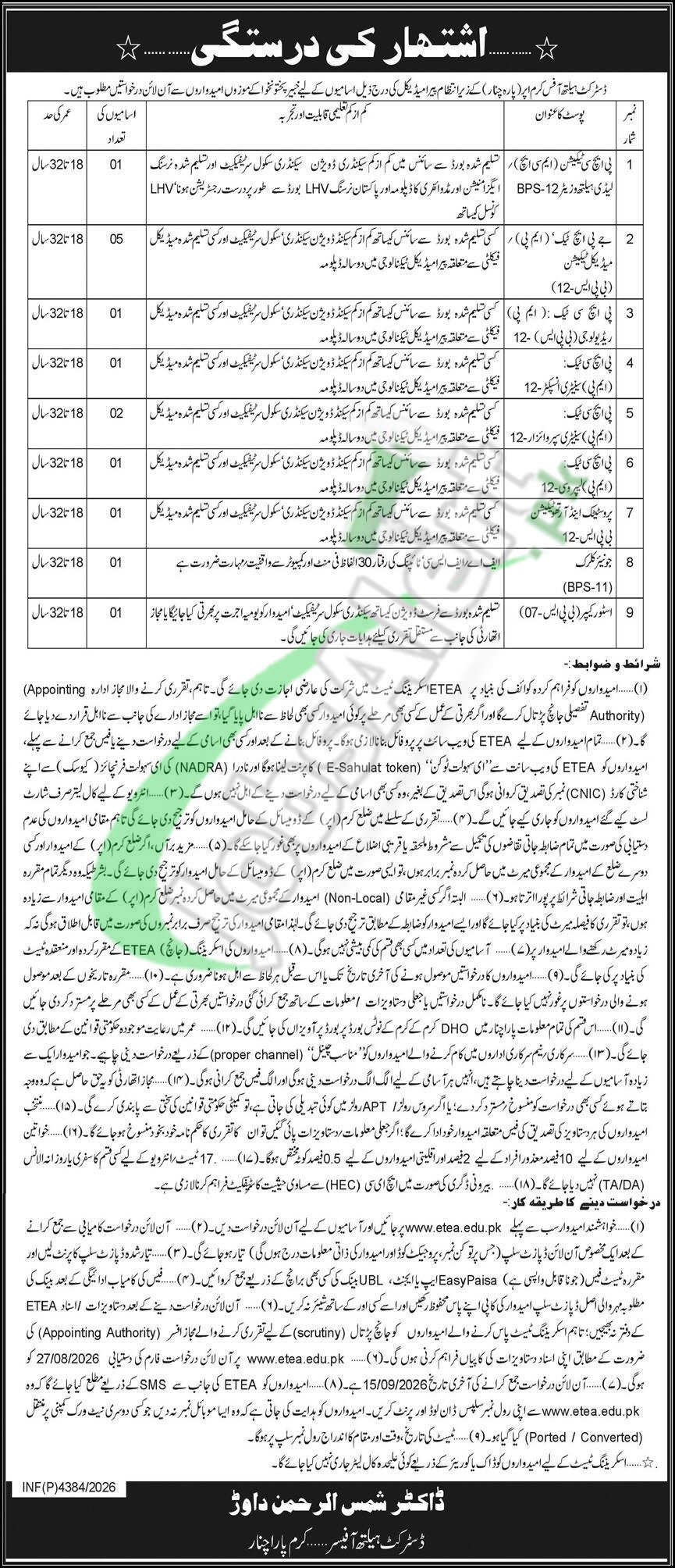 District Health Officer Kurram Upper Jobs 2026 ETEA Test & Sample Paper District Health Authority Upper Kurram Jobs