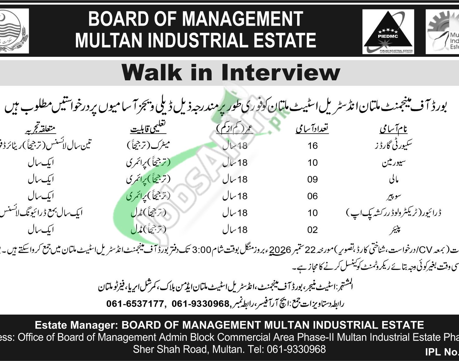 Board of Management Industrial Estate Multan Jobs 2026 for Contract Vacancies Industrial Estate Multan Jobs
