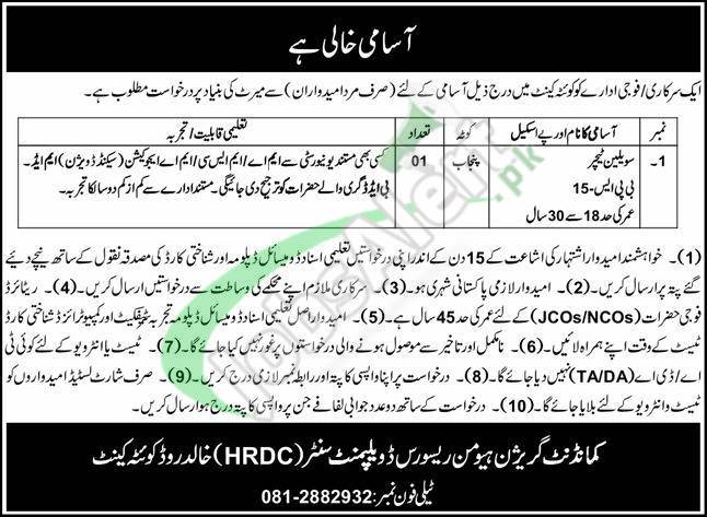Garrison HRDC Quetta Jobs 2026 For BPS-15 Latest Vacancies Garrison HRDC Quetta Jobs