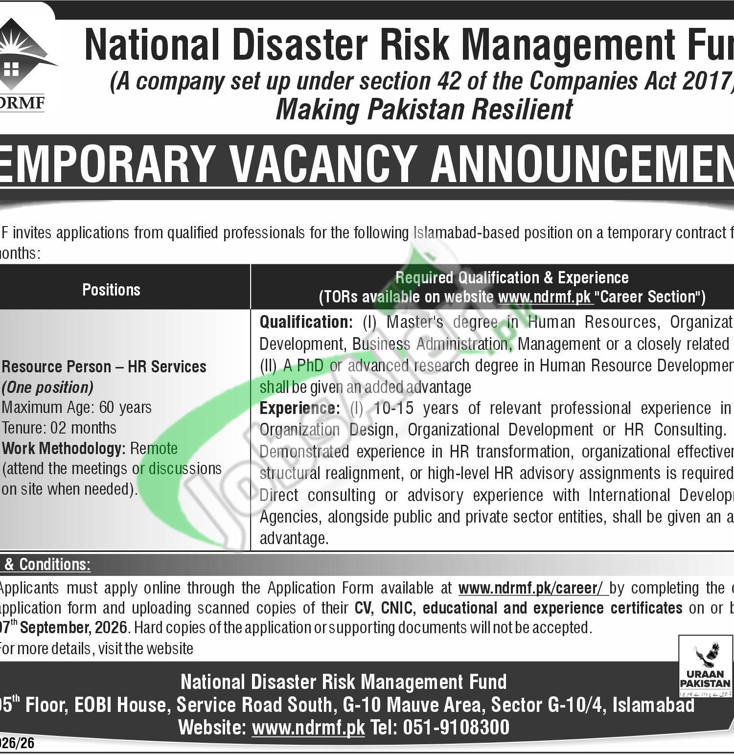 Join ndrmf.pk Online Apply 2026 National Disaster Risk Management Fund Jobs NDRMF Jobs