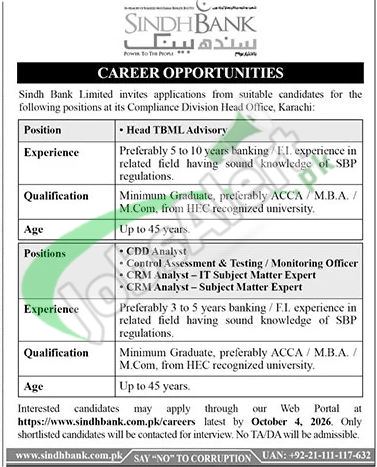 Sindh Bank Jobs 2026 Apply Online www.sindhbank.com.pk Sindh Bank Limited Jobs