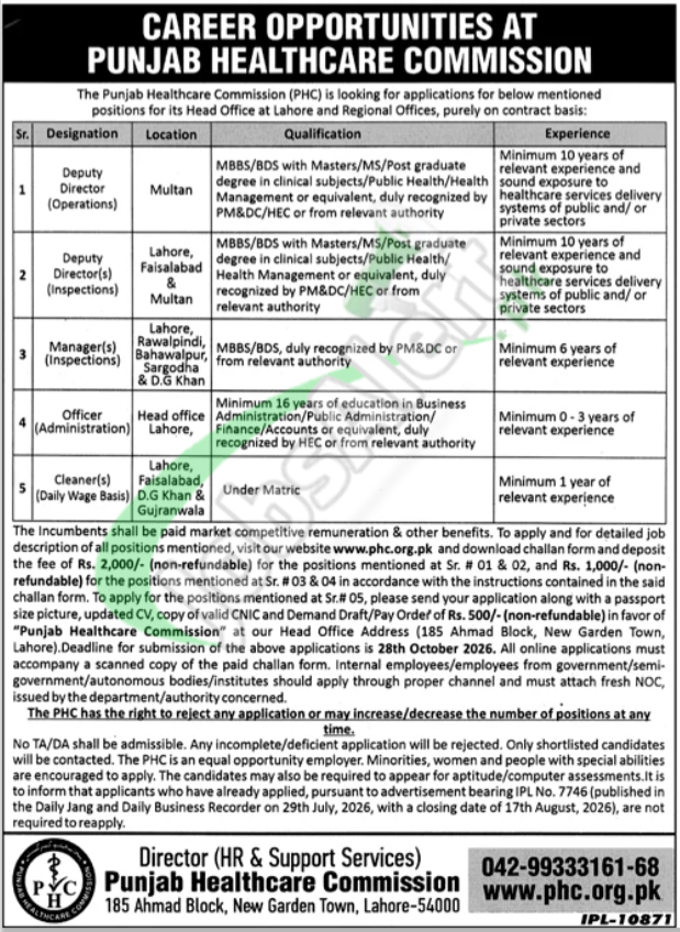 Punjab Healthcare Commission PHC Jobs 2026 Career Opportunities PHC Jobs