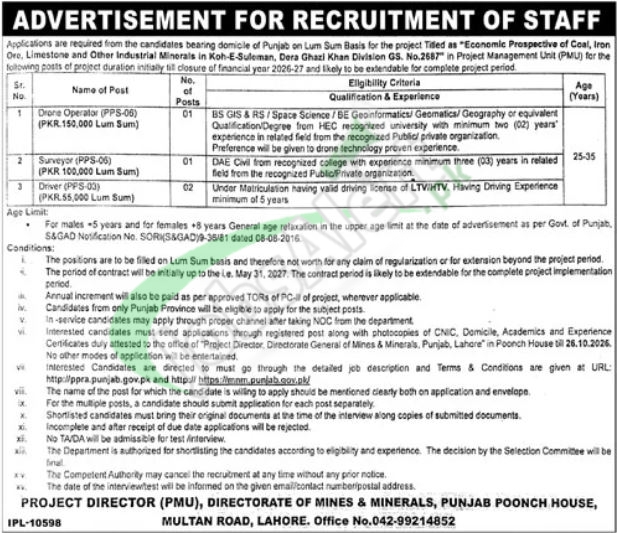 Directorate General of Mines & Minerals Department Punjab Jobs