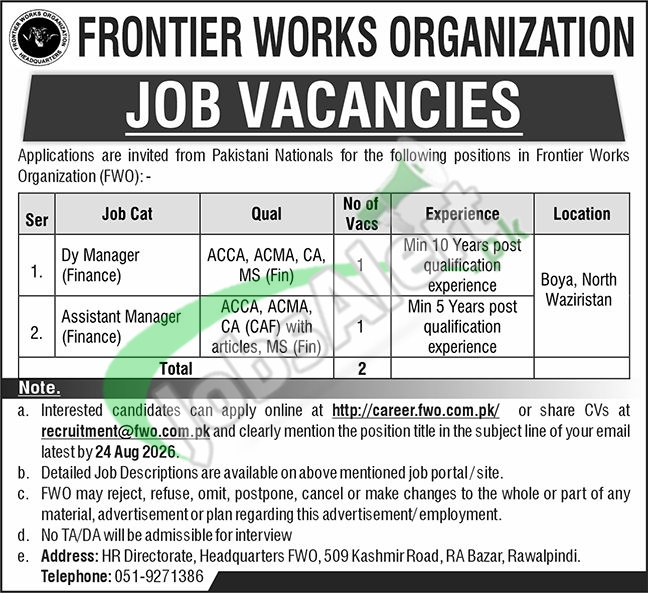 Latest Advertisement FWO Frontier Works Organization Jobs 2026 Apply Online FWO Jobs