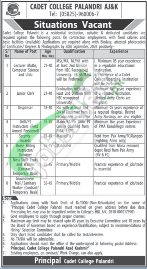 Cadet College Palandri Jobs