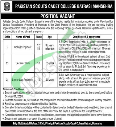 Pakistan Scouts Cadet College Batrasi Jobs 2026 Latest Advertisement Pakistan Scouts Cadet College Batrasi Jobs