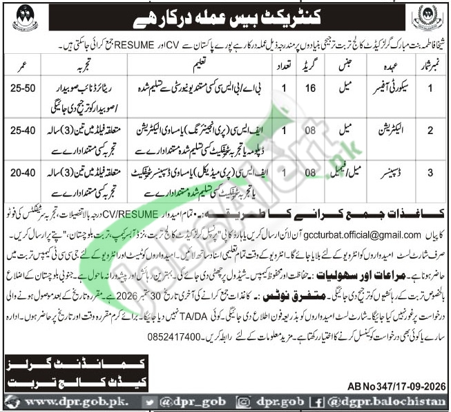 Girls Cadet College Turbat Jobs 2026 Latest Advertisement Girls Cadet College Turbat Jobs