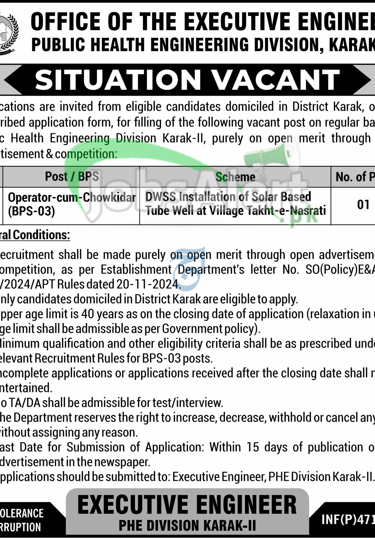 Public Health Engineering PHED Karak Chowkidar Jobs 2026 Latest Vacancies Public Health Engineering Department Karak Jobs